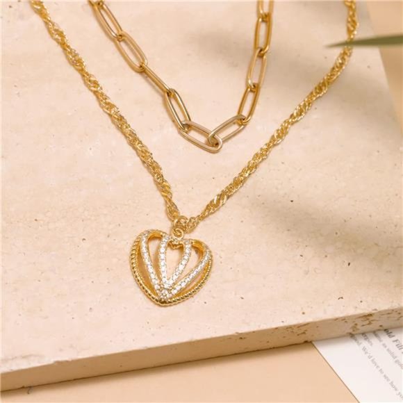 Layered Heart Necklace Pendant Handmade 18k Gold Plated Dainty Gold Choker - Picture 5 of 6